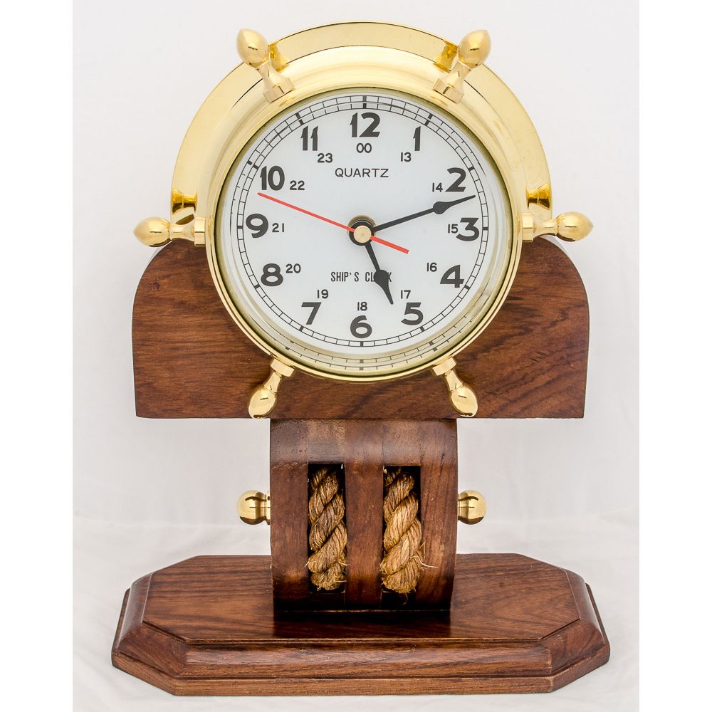 Ship Wheel Clock w/ Wooden Base